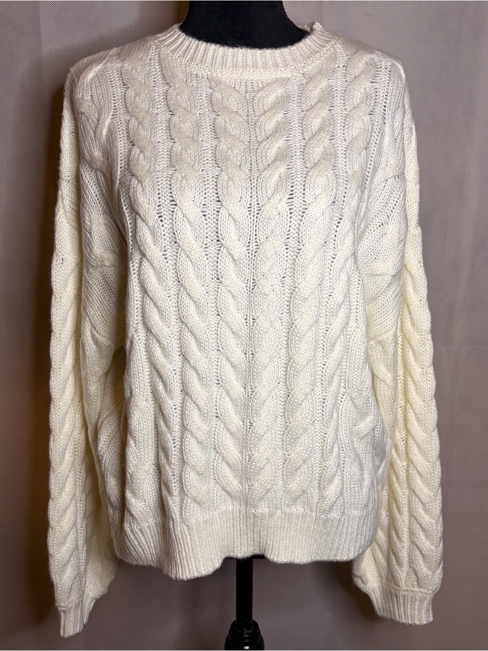 Classic Cream Cable-Knit Crewneck Sweater